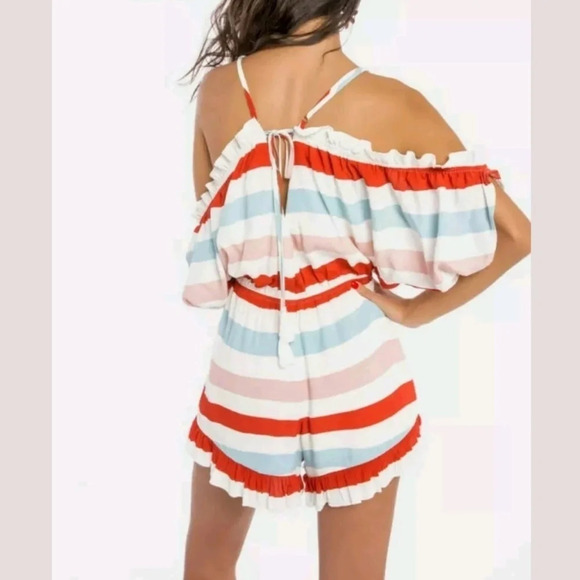 Lovers+Friends Malia Bold Striped Romper Ruffled Rainbow One Piece Cold Shoulder - Picture 4 of 8